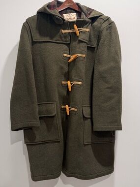 Vintage Gloverall Duffle Coat XL Made in England Wool Hooded Toggle Coat Green